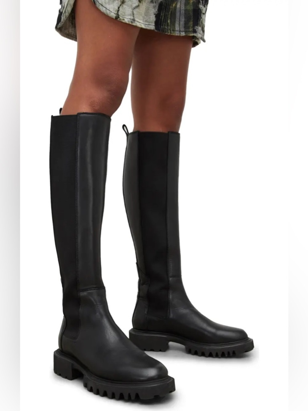 AllSaints Maeve Black Leather Knee High Lug Sole Boots Size 37 designer comfy